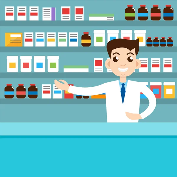 Male pharmacist in drugstore — Stock Vector