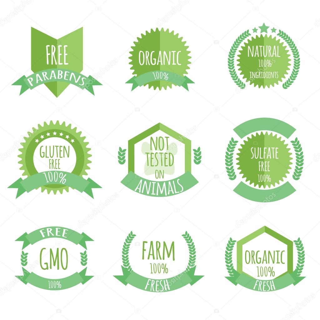 Organic product, paraben free, not tested on animals bages or icon set. Natural cosmetics labels