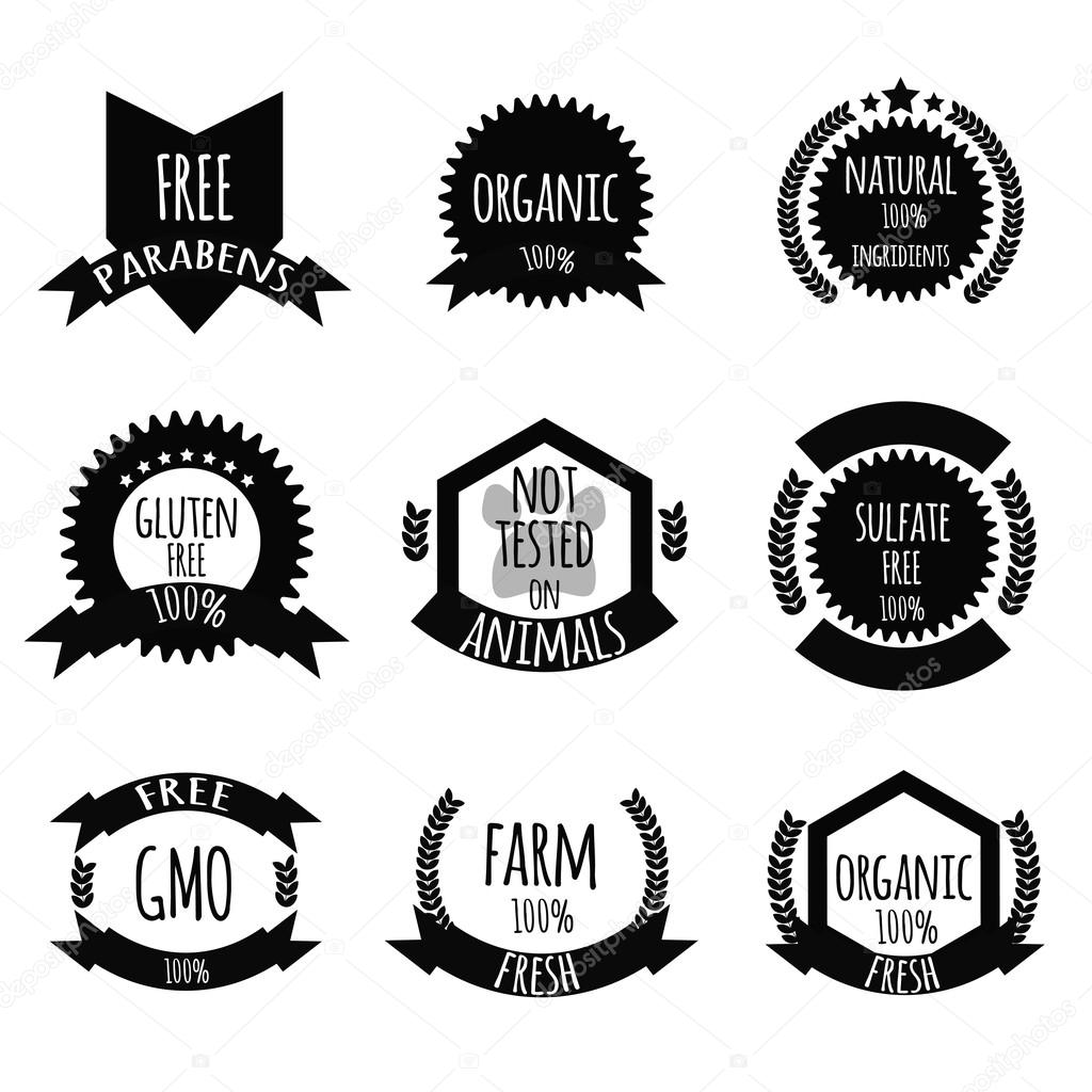 Organic product, paraben free, not tested on animals bages or icon set. Natural cosmetics labels
