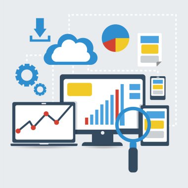 Duyarlı pc. Düz tasarım modern vektör çizim. SEO Optimizasyon, web analytics, işlem öğeleri programlama.