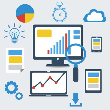 Duyarlı pc. Düz tasarım modern vektör çizim. SEO Optimizasyon, web analytics, işlem öğeleri programlama.
