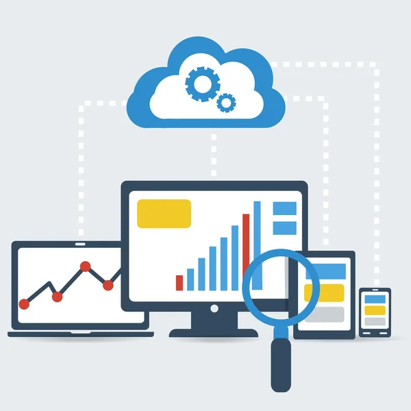 PC responsivo. Design plano ilustração vetorial moderna. SEO otimização, web analytics, elementos de processo de programação . —  Vetores de Stock