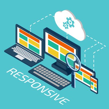 Analytics and programming vector. Web application optimization. Responsive pc. Cloud technology clipart svg vector 