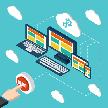 Analytics and programming vector. Web application optimization. Responsive pc. Cloud technology clipart svg vector 