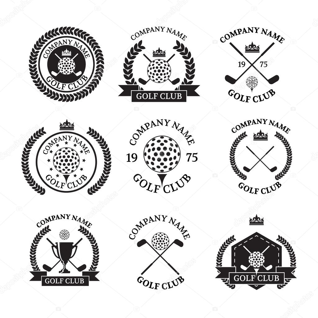 Black golf club logos set against white background