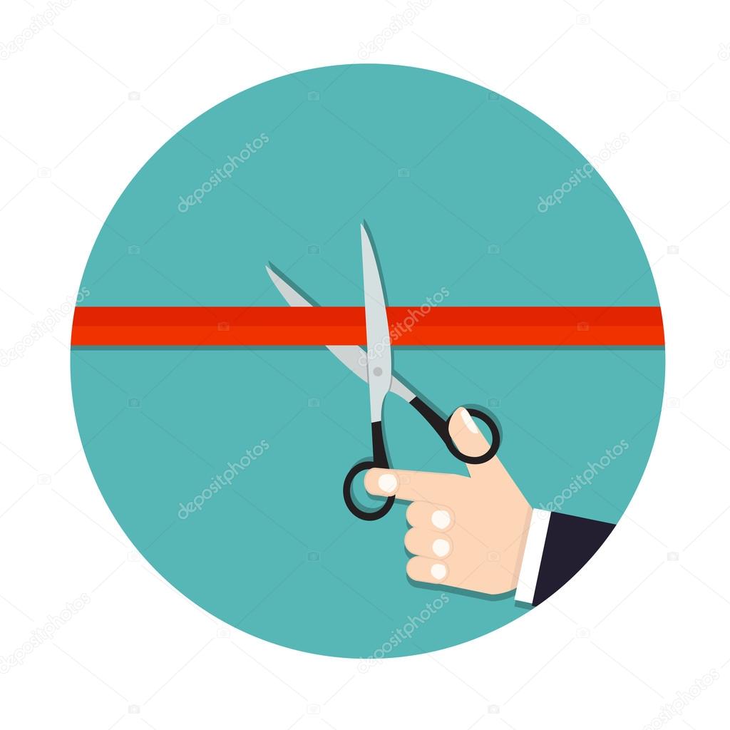 Scissors cutting a red ribbon, Stock vector