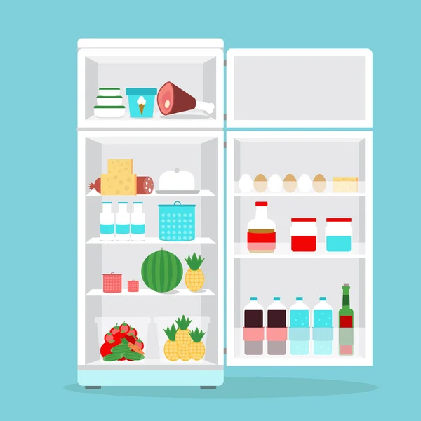 Refrigerador abierto con alimentos — Vector de stock