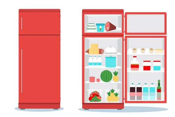 Refrigeradores abiertos y cerrados con alimentos — Vector de stock