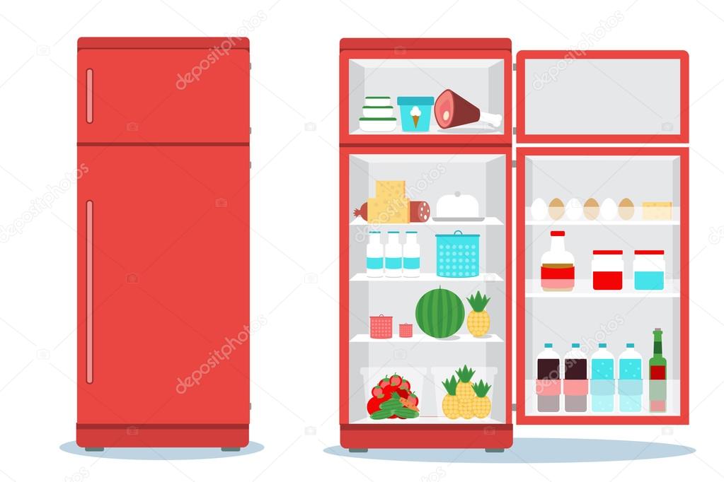 Open and closed refrigerators with food