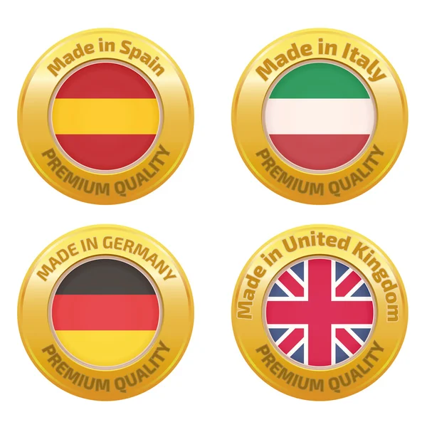 Ensemble de badges fabriqués en Espagne, Italie, Allemagne, Royaume-Uni — Image vectorielle