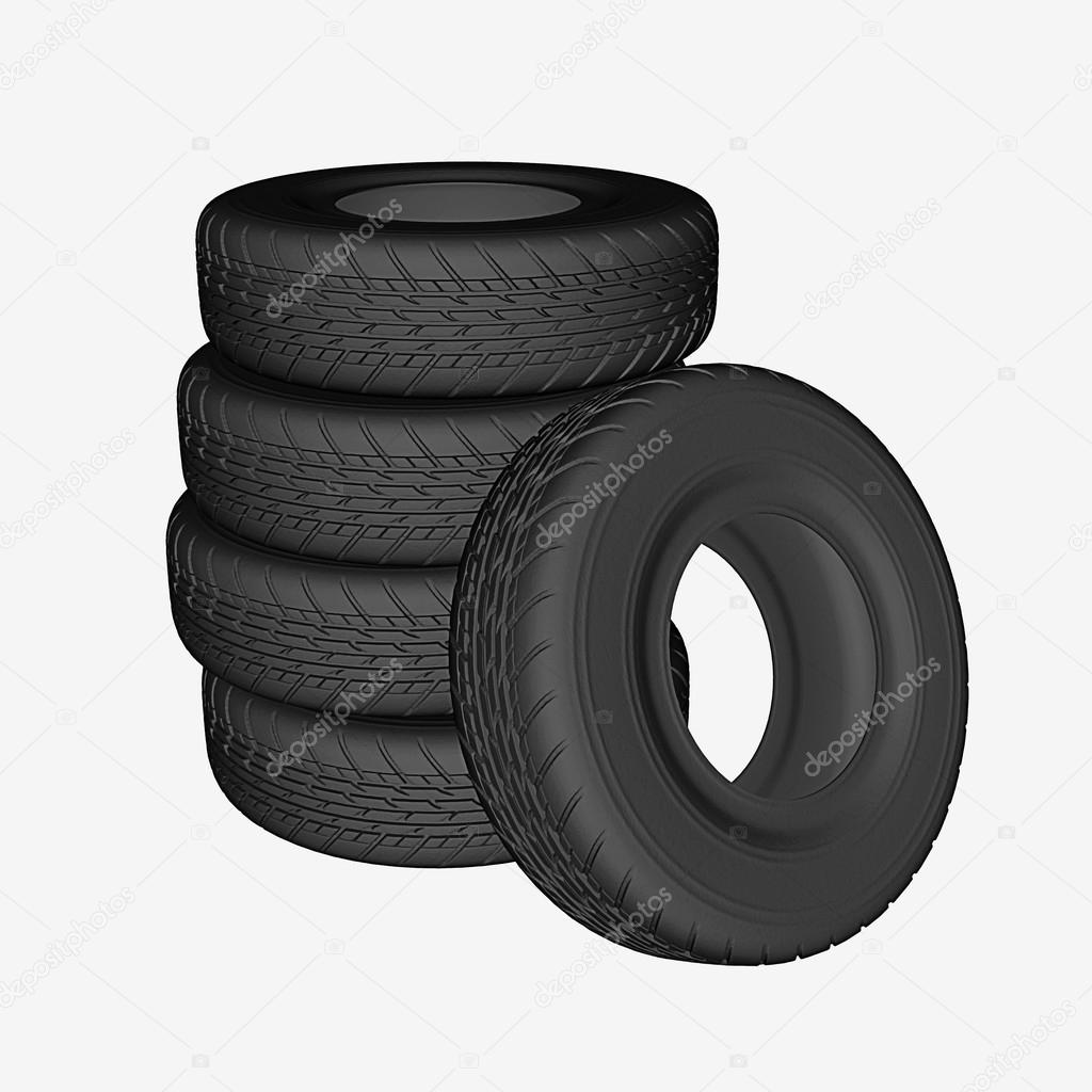 Five tires piled up isolated on white