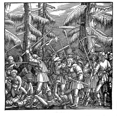 Woodcut, A mob of fighting peasants (1522)