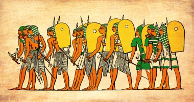 Ancient Egypt warriors  going to battle, illustration on grunge texture