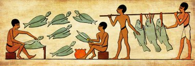 Ancient Egypt costumes and life, fishers clean fishes for food, on grunge texture