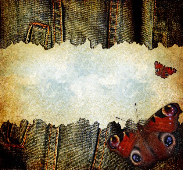 Grunge denim wallpaper with blue sky and butterflies — Stock Photo, Image