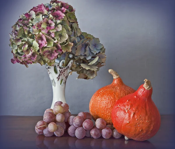 Sonbahar Natürmort: Hokkaido kabak, üzüm ve ortanca çiçek