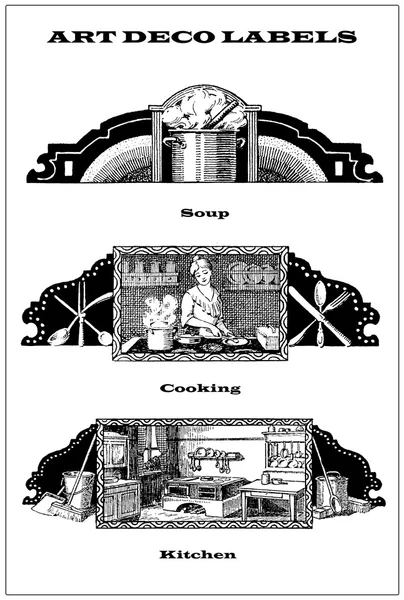Colagem de 3 etiquetas art déco dedicadas à cozinha e culinária — Fotografia de Stock