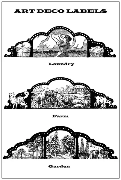 3 kolaż stylu art deco etykiety o pranie, ogrodnictwo, rolnictwo — Zdjęcie stockowe