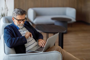 Odaklanmış sakallı erkek profesyonel şirket ofisindeki koltukta otururken dizüstü bilgisayarla araştırma yapıyor.