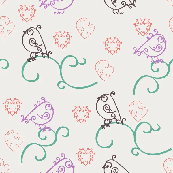 Retro abstract valentine seamless pattern. Romantic nostalgia design with curls, hearts and birds. Can be used for web page background, wrapping paper, cards and invitations. — Stock Vector