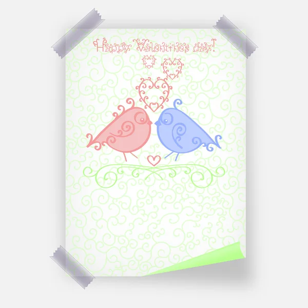 Happy dag van de Valentijnskaart poster sjabloon of Valentijnsdag wenskaart of banner ontwerpen in modieuze zacht groen, blauw en roze kleuren. Cartoon liefdevolle paar vogels. — Stockvector