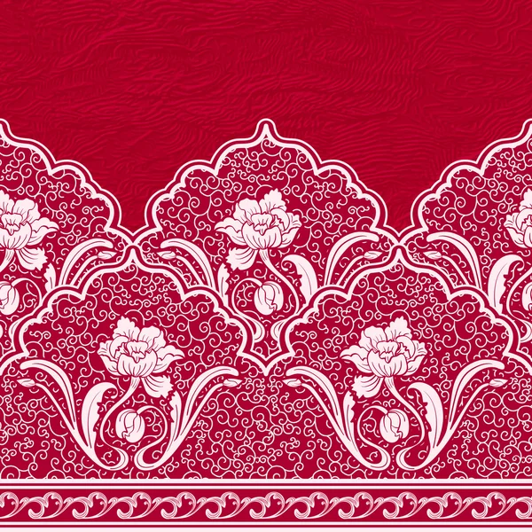 Бесшовная граница в китайском стиле. Шаблон белых цветов и кудрей на красном текстурированном фоне . — стоковый вектор