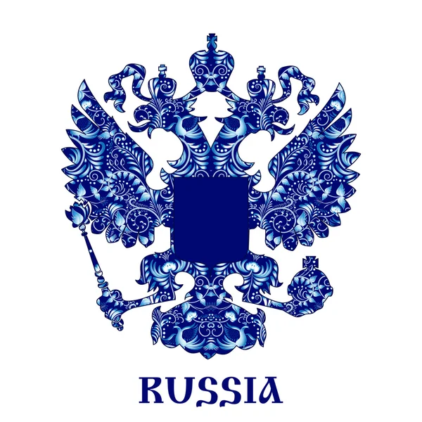 Emblème de la Russie avec motif bleu dans le style national Gzhel avec inscription . — Image vectorielle