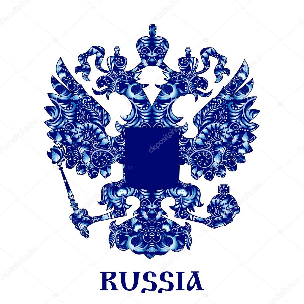 Emblem of Russia with blue pattern in national style Gzhel with inscription.