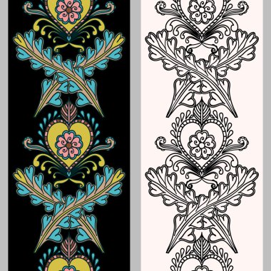 Hint gerekçesiyle kesintisiz dikey ışıma. Elle çizilmiş mehndi dövme doodle siyah ve beyaz bir arka plan üzerinde izole sınırları.