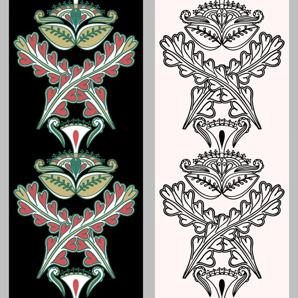 Seamless vertical pattern with Indonesian motifs. Hand drawn mehndi tattoo doodle borders isolated on a black and white background. — Stock Vector