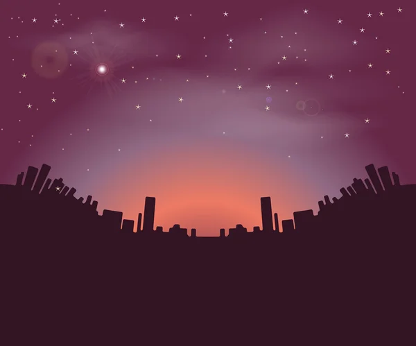 Las siluetas de los edificios nocturnos de la ciudad sobre el fondo del cielo nocturno y el sol naciente . — Vector de stock