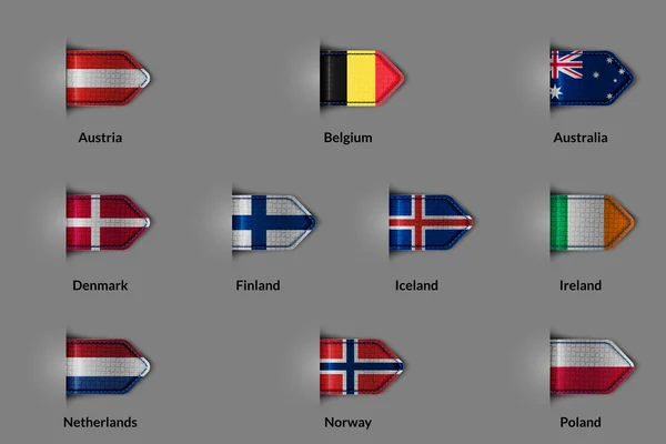 Conjunto de banderas en forma de etiqueta texturizada brillante o marcador. Países europeos Austria Bélgica Dinamarca Finlandia Islandia Irlanda Países Bajos Noruega Polonia y Australia — Archivo Imágenes Vectoriales