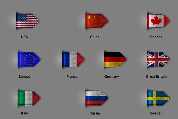 Набор флагов в виде глянцевой текстурной этикетки или закладки. Объединение Европы и США Китай Россия Канада Франция Германия Великобритания Италия Швеция . — стоковый вектор