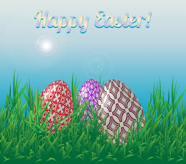 Tarjeta de felicitación de Pascua de plantilla. Tres huevos de Pascua en la hierba contra el cielo azul con una inscripción de felicitación . — Vector de stock
