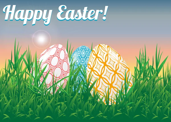 Paisaje Pascua. Los huevos de Pascua adornados en la hierba que repite contra el sol naciente . — Vector de stock