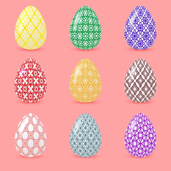 Set of colored Easter eggs with geometric patterns. Realistic objects with shadows isolated on a pink background. — Stock Vector