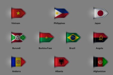 Bir parlak dokulu etiket ya da yer işareti şeklinde bayrakları kümesi. Vietnam Filipinler Japonya Burundi Burkina Faso Brezilya Angola Andorra Arnavutluk Afganistan