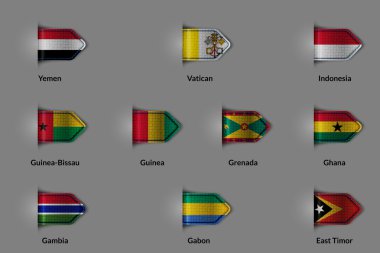 Bir parlak dokulu etiket ya da yer işareti şeklinde bayrakları kümesi. Yemen Vatikan Endonezya Gine Bissau Gine Grenada Gana Gambiya Gabon Doğu Timor
