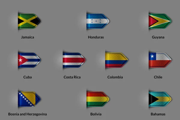 Set di bandiere sotto forma di etichetta lucida testurizzata o segnalibro. Giamaica Honduras Canada Cuba Costa Rica Colombia Cile Bosnia-Erzegovina Bolivia Bahamas . — Vettoriale Stock