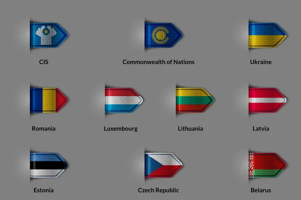 Fahnen in Form eines glänzend strukturierten Etiketts oder Lesezeichens. cis commonwealth of nations Ukraine Rumänien Luxemburg Litauen Lettland Estland Tschechische Republik Weißrussland. — Stockvektor