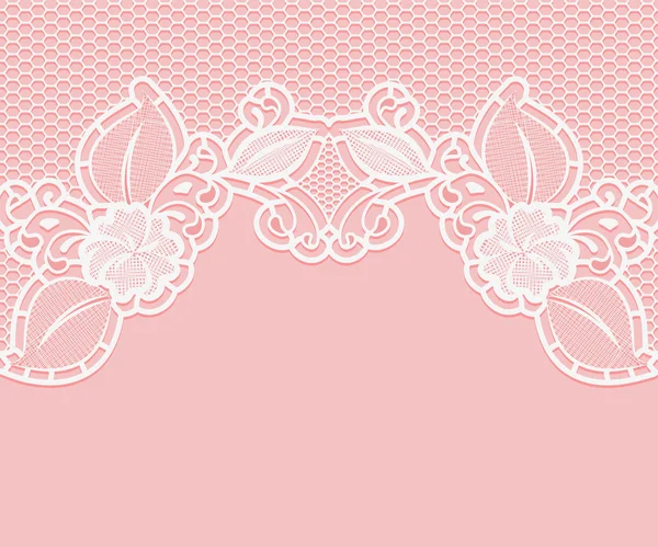 Kantpatroon op een roze achtergrond. Witte bloemen en bladeren met een opengewerkte gaas — Stockvector