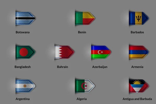 Zestaw flag w postaci błyszczących teksturowanej etykiety lub Zakładka. Botswana Benin Barbados Bangladesz Bahrajn Azerbejdżan Armenia Argentyna Algieria Antigui i Barbudy — Wektor stockowy