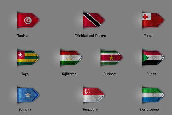 Set di bandiere sotto forma di etichetta lucida testurizzata o segnalibro. Tunisia Trinidad e Tobago Tonga Togo Tagikistan Suriname Sudan Somalia Singapore Sierra Leone — Vettoriale Stock