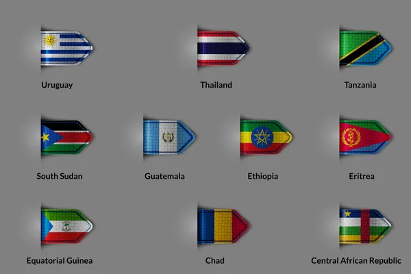 Uppsättning flaggor i form av en glänsande texturerat etikett eller ett bokmärke. Uruguay Thailand Tanzania Sydsudan Guatemala Etiopien Eritrea Ekvatorialguinea Tchad Centralafrikanska republiken — Stock vektor