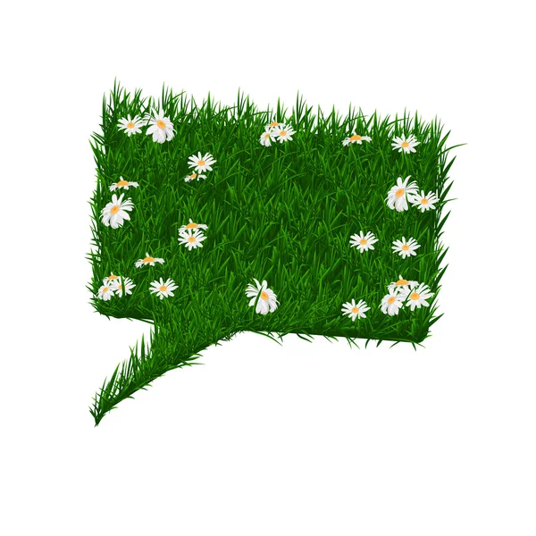 Bolla rettangolare per parlare con margherite e tessitura erba isolata su sfondo bianco. Pubblicità banner bio organico . — Vettoriale Stock