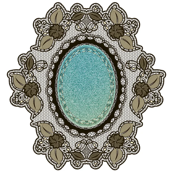 Cadre ovale en dentelle foncée avec insert en denim isolé sur fond blanc — Image vectorielle