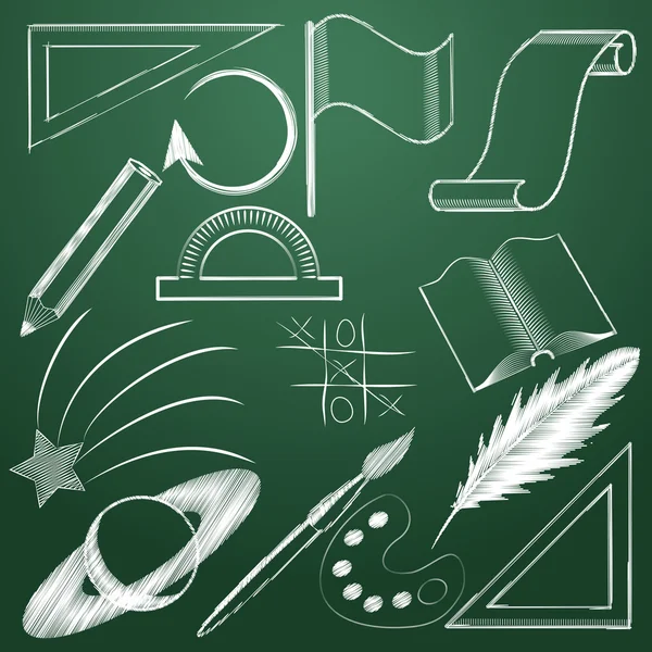 Set of educational symbols in chalk. Icons on a green chalkboard. — Stock Vector