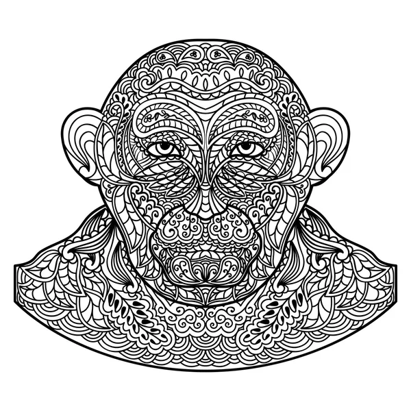 Gedessineerde aap hoofd geïsoleerd op een witte achtergrond. Zwart zwart-wit patroon silhouet van de buste. — Stockvector