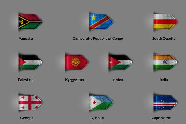 Bir parlak dokulu etiket ya da yer işareti şeklinde bayrakları kümesi. Vanuatu Respubika Demokratik Kongo Güney Osetya Palestine Kırgızistan Jordan Hindistan Georgia Djibout Cape Verde. — Stok Vektör