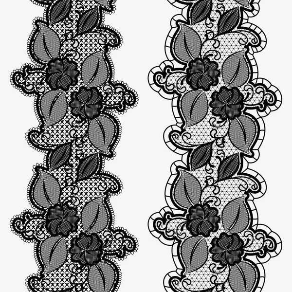 Set of seamless floral lace ribbons. Vertical monochrome pattern of flowers and leaves. — Stock Vector